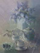 Trisha Hardwick (British 1949-2022): Still Life of Lavender and Violet Flowers in a Vase with Teapot