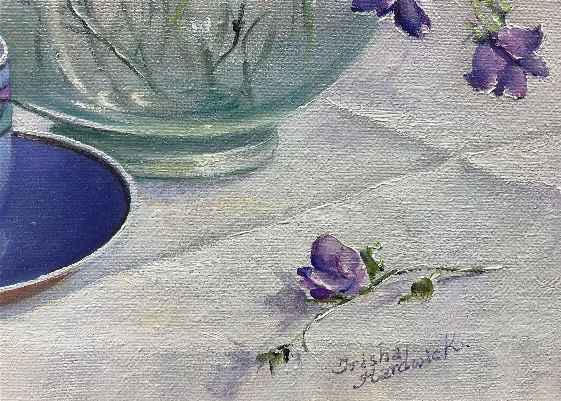 Trisha Hardwick (British 1949-2022): 'Summer Blue' Still Life of Flowers with Cup of Tea - Image 3 of 4