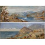 English School (19th/20th century): Swiss Lakeland Landscape with Figures and Abbey