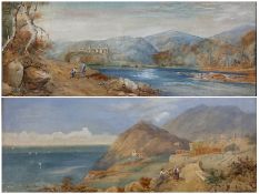 English School (19th/20th century): Swiss Lakeland Landscape with Figures and Abbey