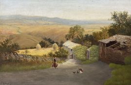 John Holland Jnr (British 1830-1886): Yorkshire Dale Farmstead with Haystacks and Chickens