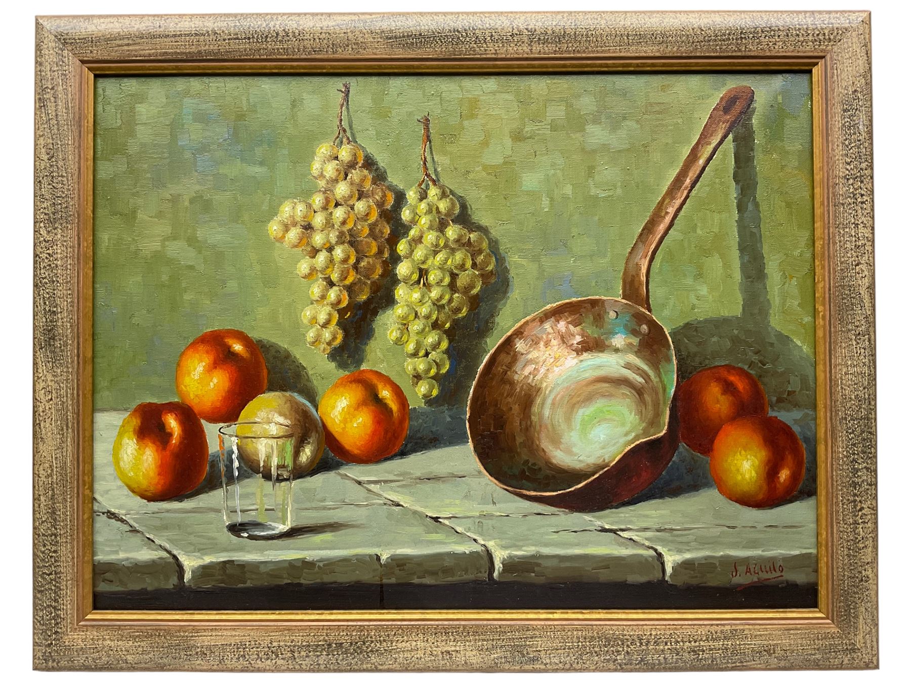 S Aguilo (Continental Mid-20th century): Still Life of Fruit on a Ledge - Image 2 of 2