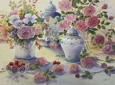 Trisha Hardwick (British 1949-2022): Still Life of Roses and and Porcelain