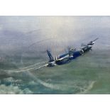 Colin Verity RSMA (British 1924-2011): 'De Havilland Mosquito Mk.34' aeroplane in flight