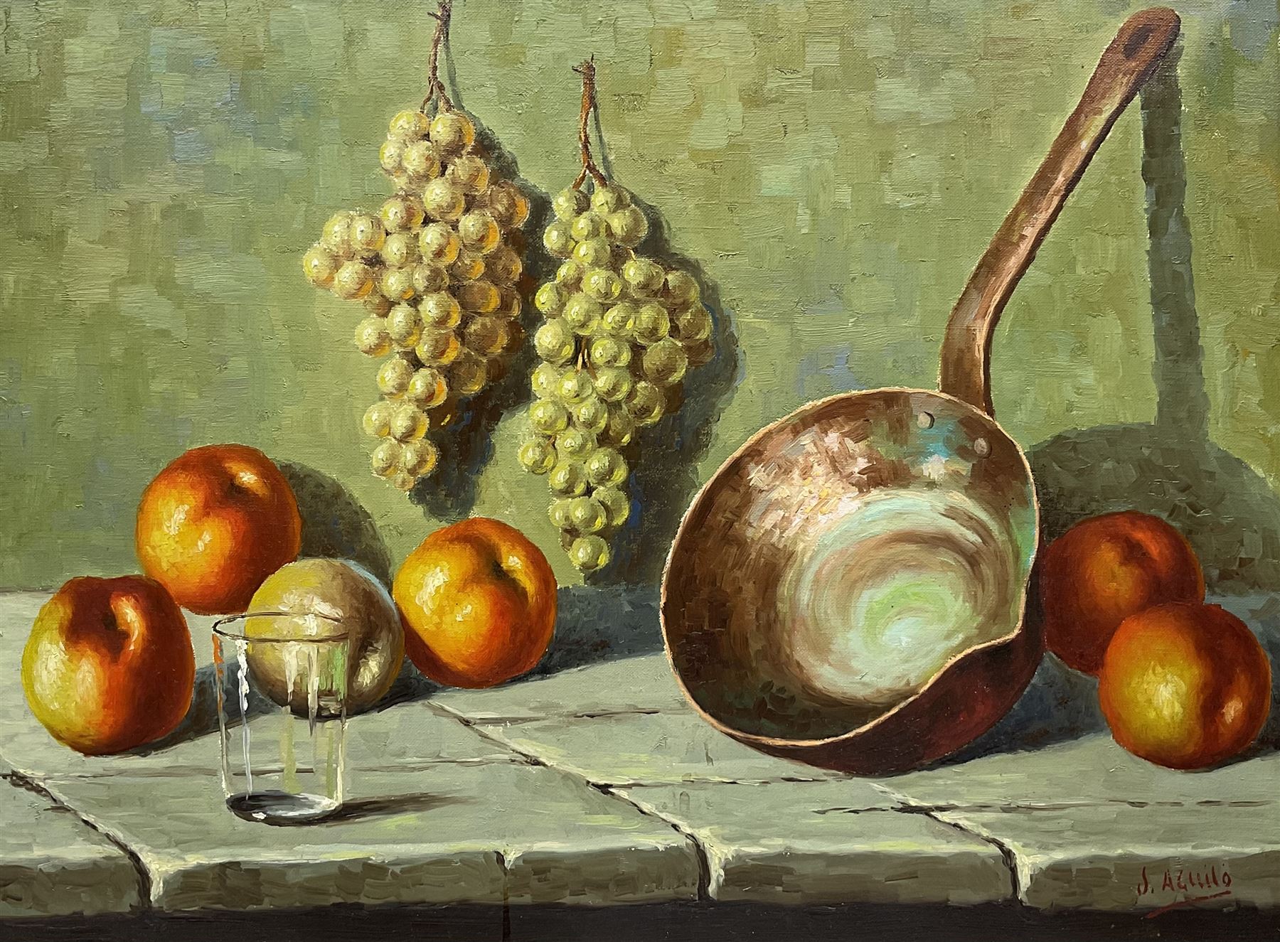 S Aguilo (Continental Mid-20th century): Still Life of Fruit on a Ledge