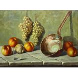 S Aguilo (Continental Mid-20th century): Still Life of Fruit on a Ledge