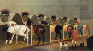 English Naive School (Mid-19th century): Grooms Attending to Hunting Horses in Stable