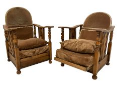 Pair early 20th century beech reclining easy chairs