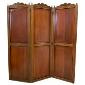 Late Victorian walnut and oak framed three-panel folding screen