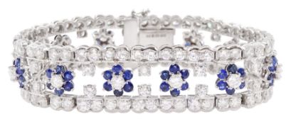 18ct white gold round brilliant cut diamond and sapphire flower motif bracelet