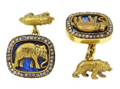 Fabergé pair of 14ct gold blue enamel and diamond elephant cufflinks