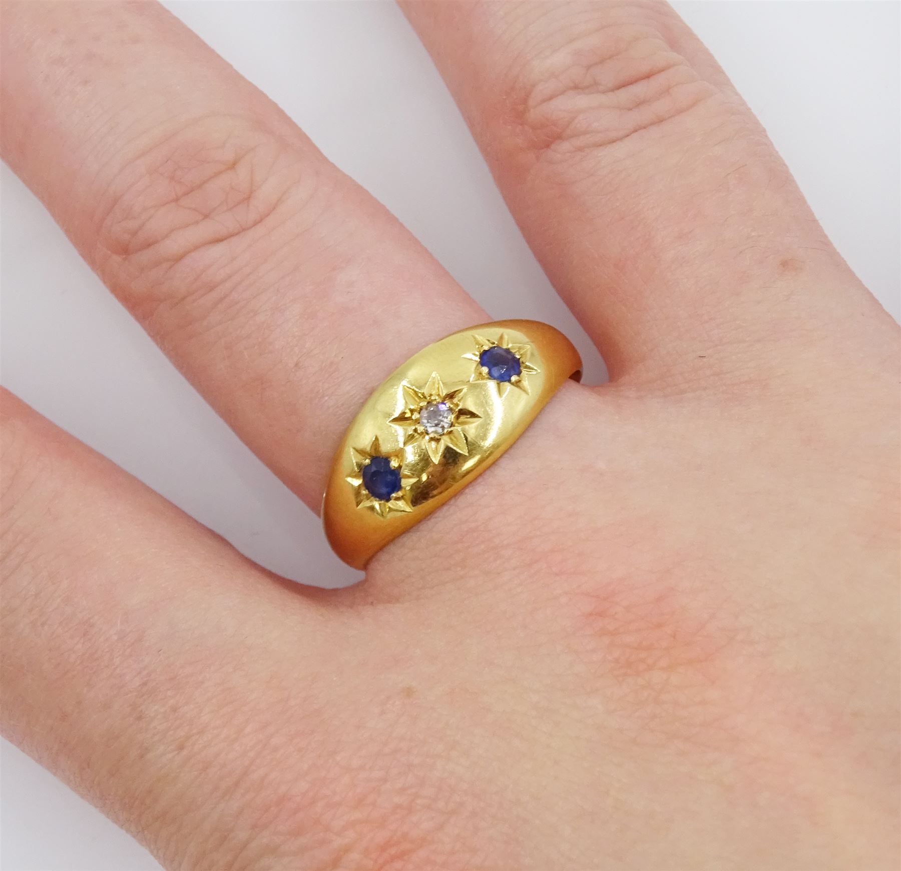 Edwardian 18ct gold gypsy set three stone sapphire and diamond ring - Image 2 of 4