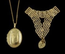 Gold locket pendant necklace and a gold five bar gate bracelet