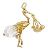 9ct gold crystal stork carrying a baby pendant / charm