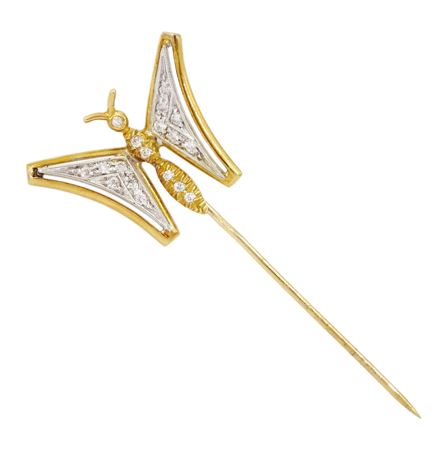 18ct white and yellow gold diamond butterfly stick pin