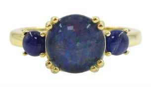Silver-gilt three stone opal triplet and sapphire ring