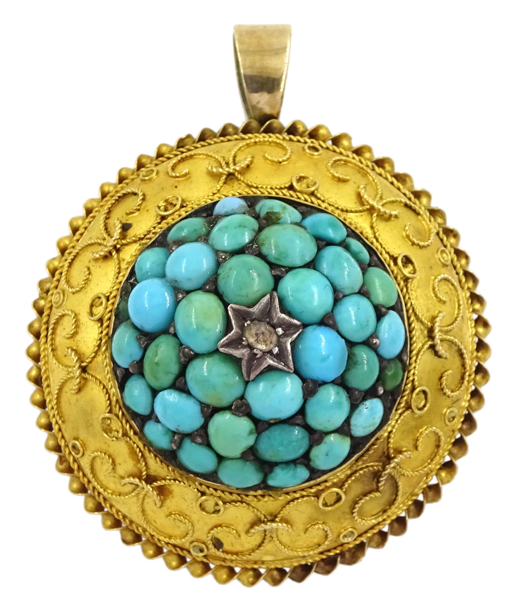 Victorian gold Etruscan revival turquoise and rose cut diamond circular pendant