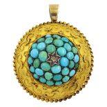 Victorian gold Etruscan revival turquoise and rose cut diamond circular pendant