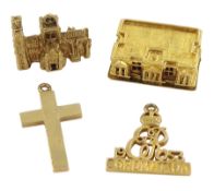 Four 9ct gold pendant / charms including Buckingham Palace