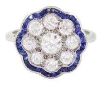 18ct white gold old cut diamond and calibre cut sapphire flower head cluster ring