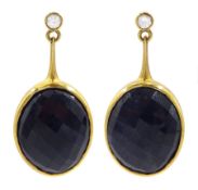 Pair of 18ct gold oval cut sapphire and round brilliant cut diamond pendant stud earrings