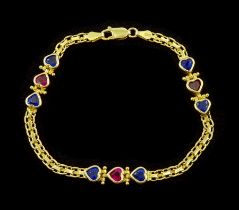 14ct gold pink and blue stone heart bracelet