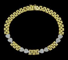 18ct gold cubic zirconia set heart and brick link bracelet