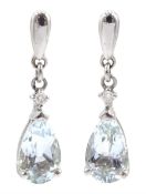 Pair of 9ct white gold pear cut aquamarine and diamond pendant stud earrings