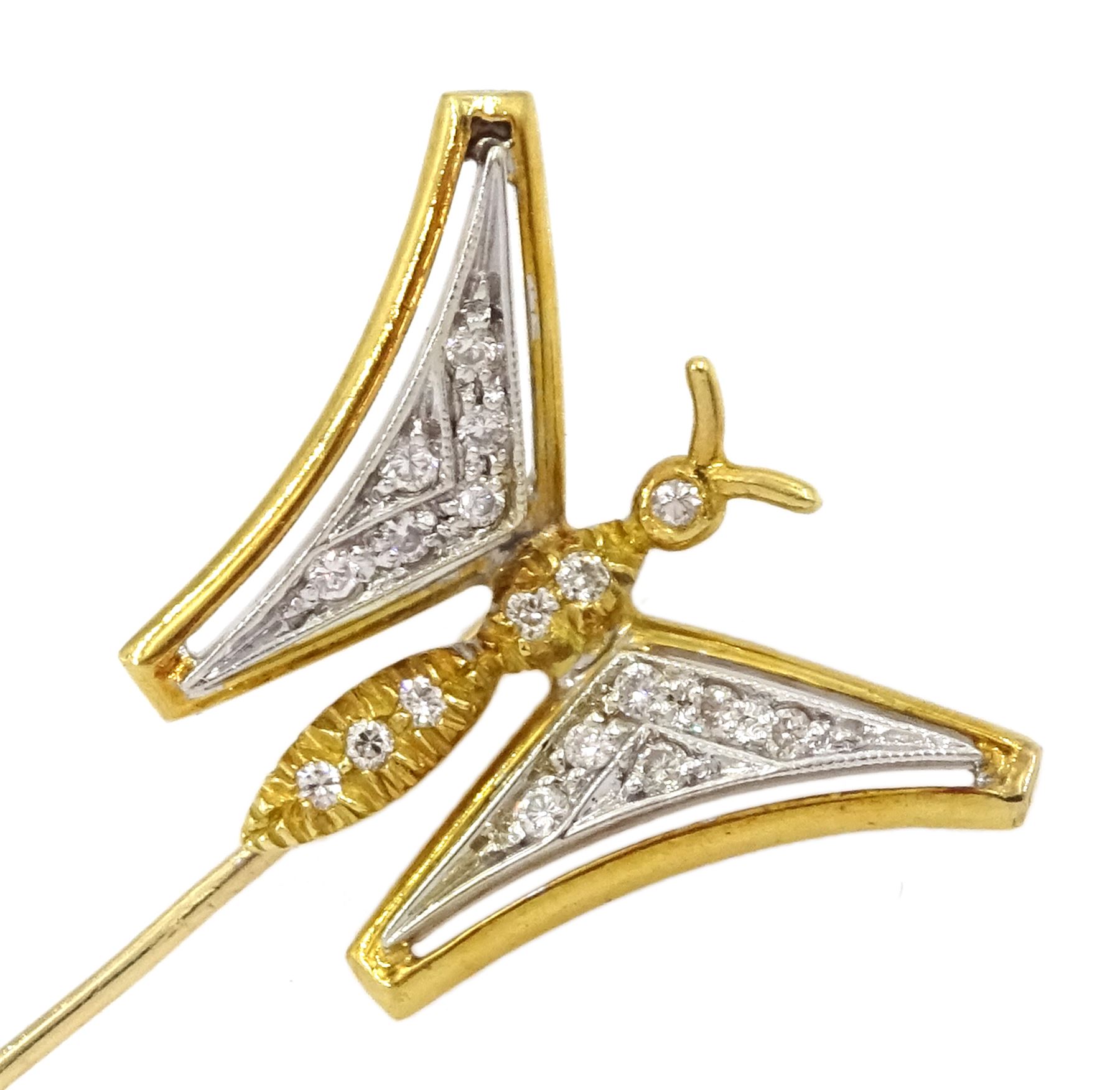 18ct white and yellow gold diamond butterfly stick pin - Image 2 of 3