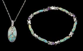 Silver opal and amethyst link bracelet and a silver opal and cubic pendant necklace
