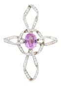 Early - mid 20th century 18ct gold and platinum oval pink topaz and diamond ribbon pendant / brooch