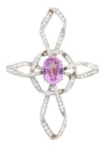 Early - mid 20th century 18ct gold and platinum oval pink topaz and diamond ribbon pendant / brooch