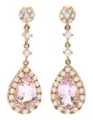 Pair of 18ct gold pear cut morganite and round brilliant cut diamond pendant stud earrings