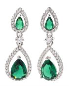 Silver green stone and cubic zirconia cluster pendant earrings