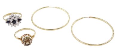 Pair of 9ct gold hoop earrings and two 9ct gold stone set cluster rings