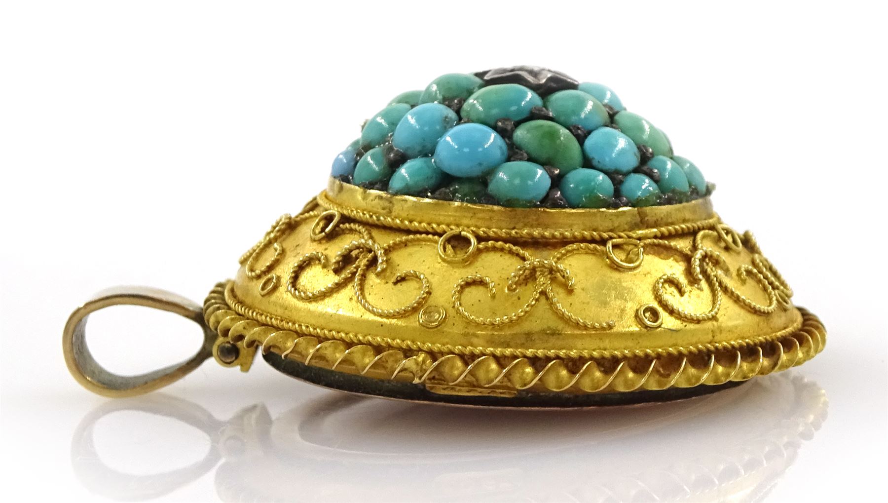 Victorian gold Etruscan revival turquoise and rose cut diamond circular pendant - Image 2 of 3