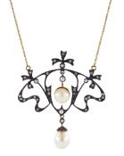 Gold and silver-gilt cultured pearl and diamond openwork pendant necklace
