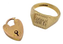 Gold signet ring and a rose gold heart padlock