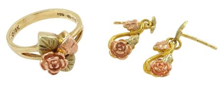 10ct gold rose ring and pair of matching rose pendant stud earrings