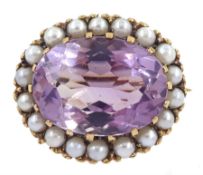 9ct gold oval cut amethyst and pearl brooch