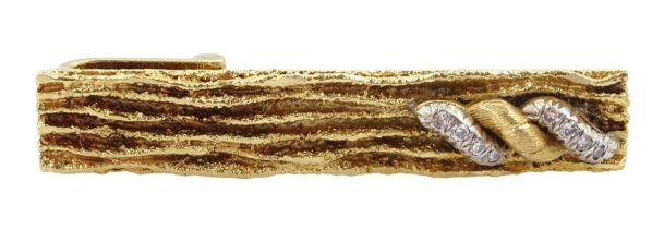 14ct white and yellow gold bark effect diamond tie clip