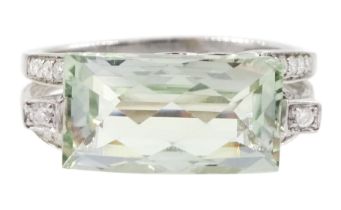 9ct white gold briolette cut green amethyst and round brilliant cut diamond ring