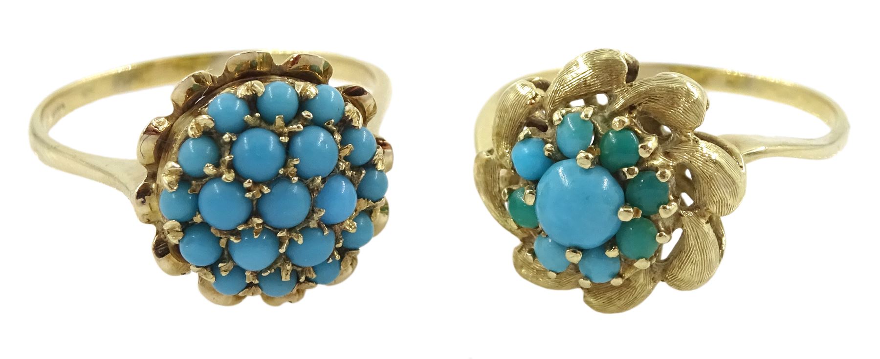 Two gold turquoise cluster rings