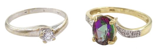 18ct white gold single stone cubic zirconia ring and a 9ct gold mystic topaz ring