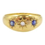 Edwardian 18ct gold gypsy set three stone sapphire and diamond ring