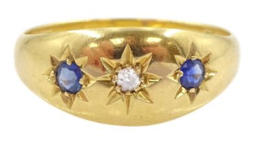 Edwardian 18ct gold gypsy set three stone sapphire and diamond ring