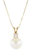 9ct gold cultured pearl and round brilliant cut diamond pendant necklace