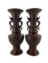 Pair of 20th century Japanese patinated bronze twin-handled vases