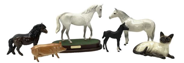 Royal Doulton model 'Desert Orchid' on wooden plinth and other Doulton animals incling grey horse