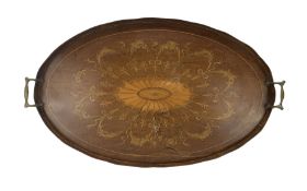 Edwardian mahogany and marquetry two handled tray